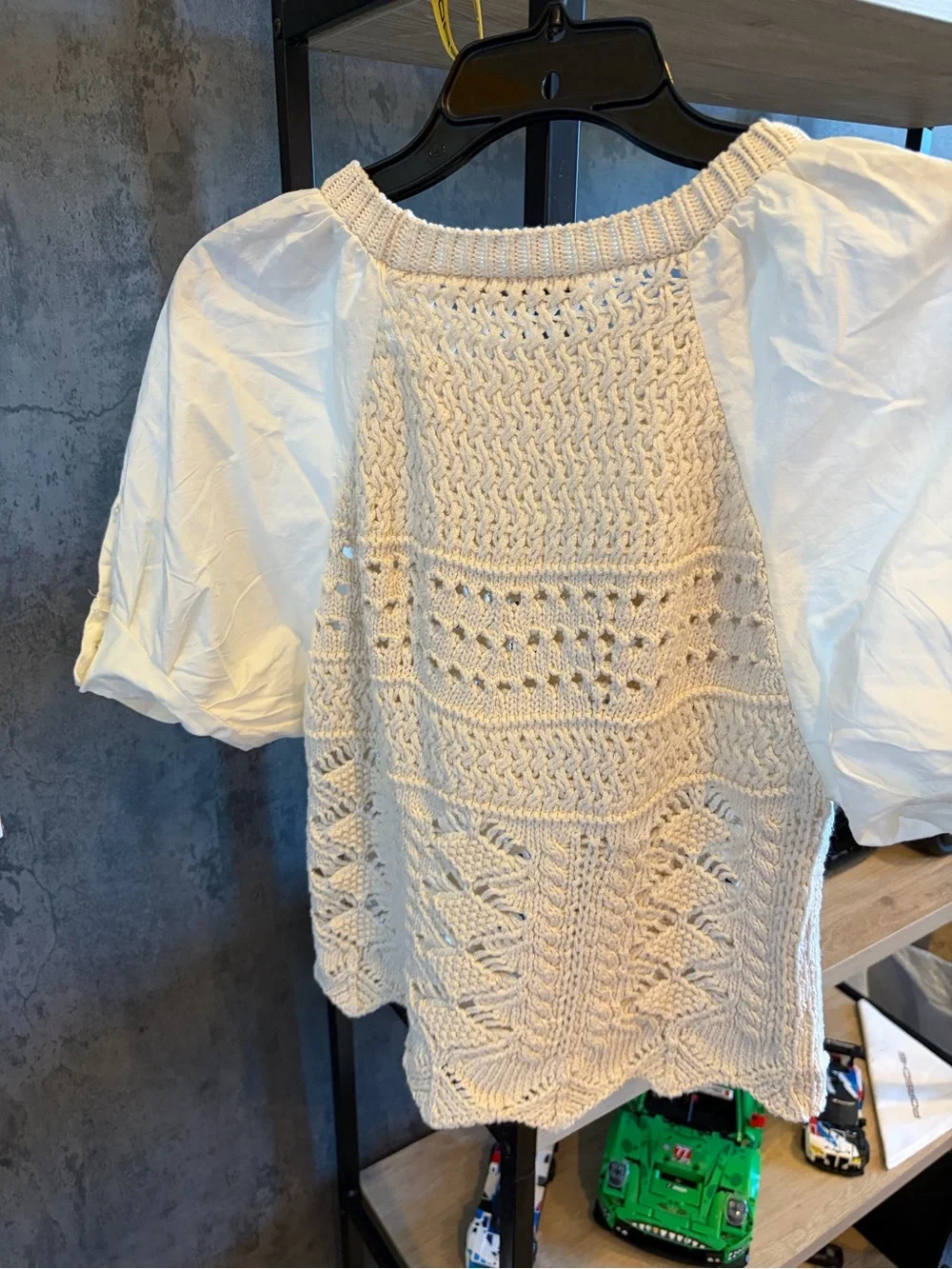 ZARA Cream Crochet Knit Bodice Puff-Sleeve Top
